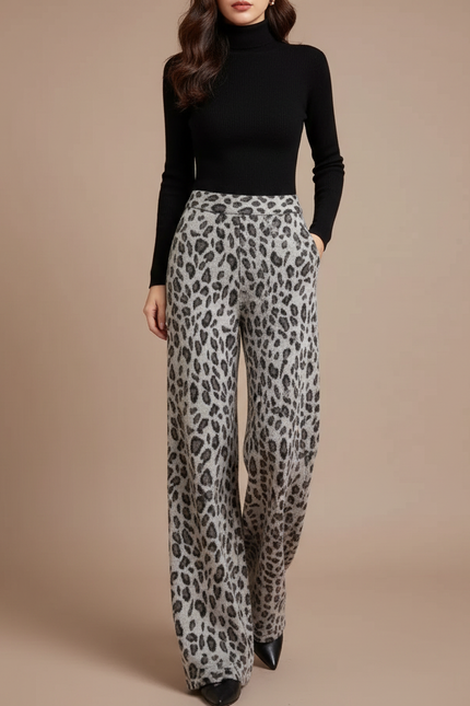 Pantalon Léopard Gris Ample Taille Haute Fluide - Laine
