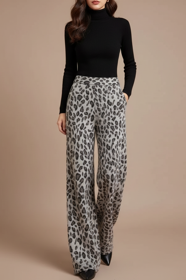 Pantalon Léopard Gris Ample Taille Haute Fluide - Laine
