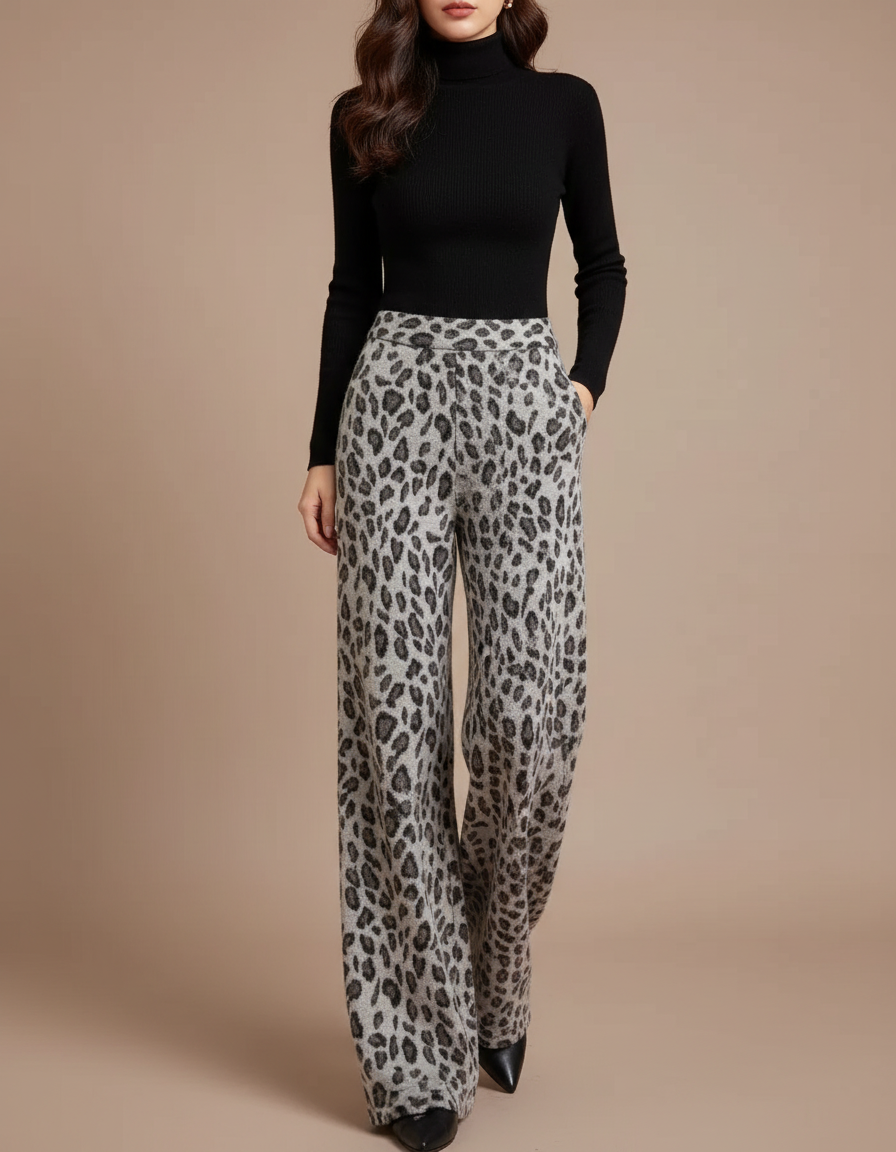 Pantalon Léopard Gris Ample Taille Haute Fluide - Laine