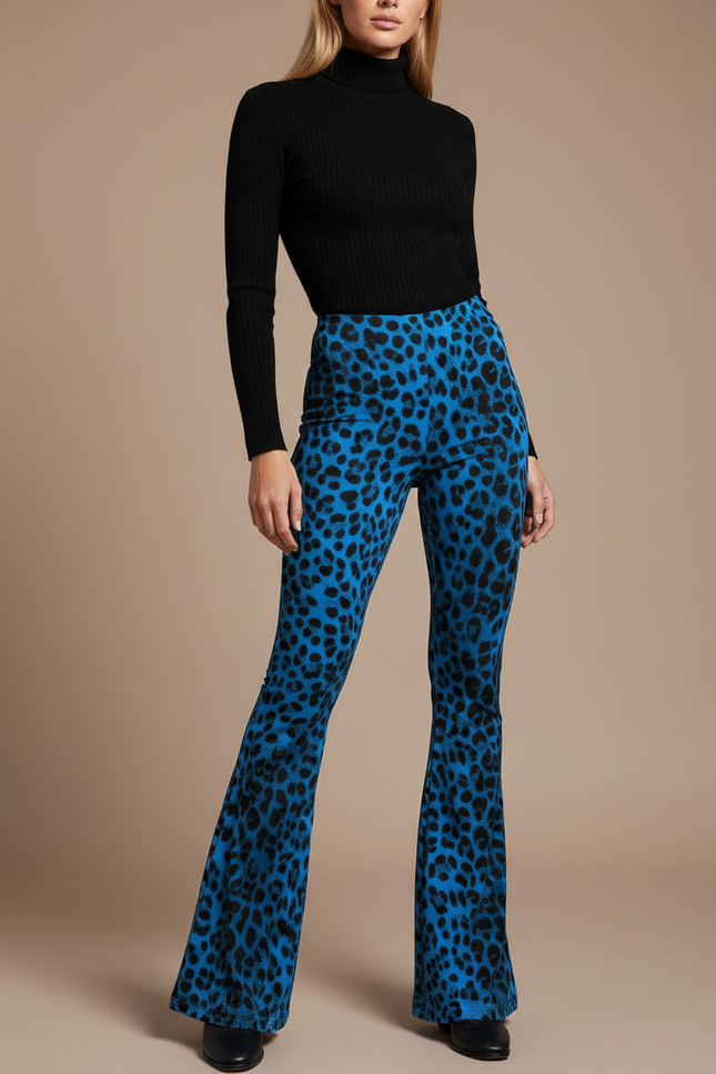 Pantalon Léopard Bleu Évasé Imprimé Stretch Femme - Maille