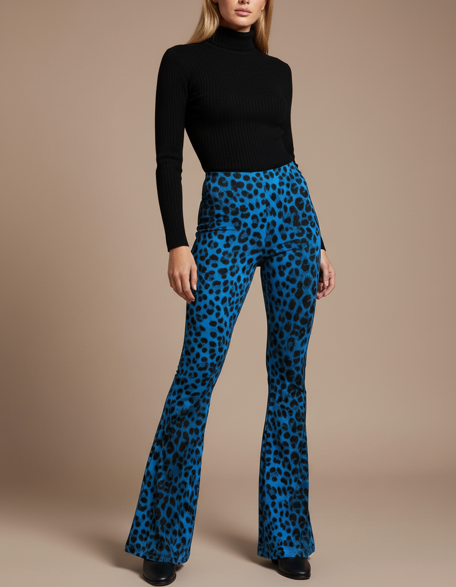 Pantalon Léopard Bleu Évasé Imprimé Stretch Femme - Maille