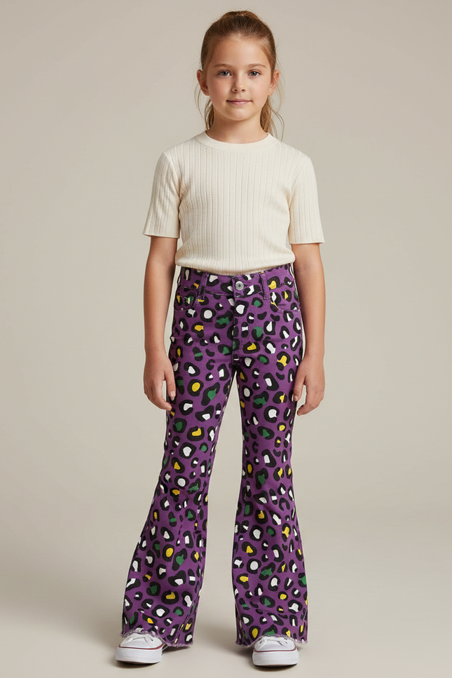 Pantalon Léopard Violet Évasé Imprimé Animal Fille - Jean