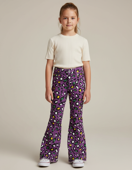 Pantalon Léopard Violet Évasé Imprimé Animal Fille - Jean