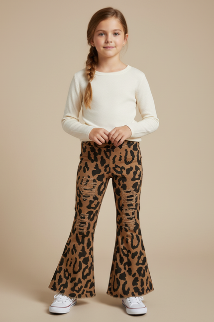 Pantalon Léopard Évasé Marron Imprimé Distressed Fille - Jean