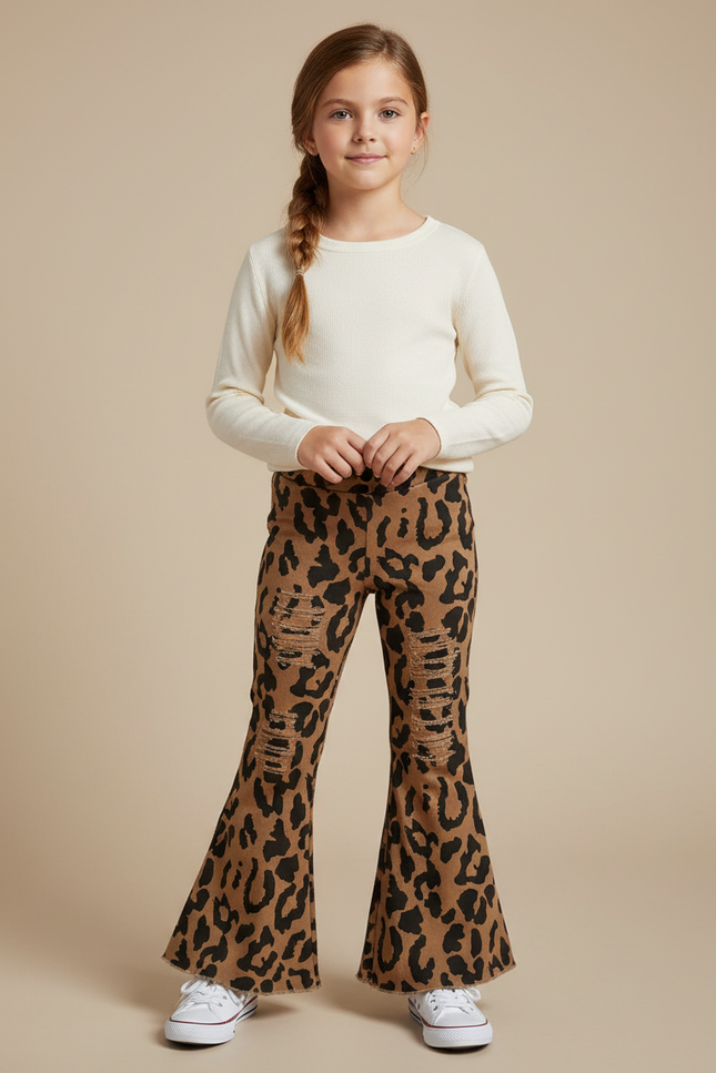 Pantalon Léopard Évasé Marron Imprimé Distressed Fille - Jean