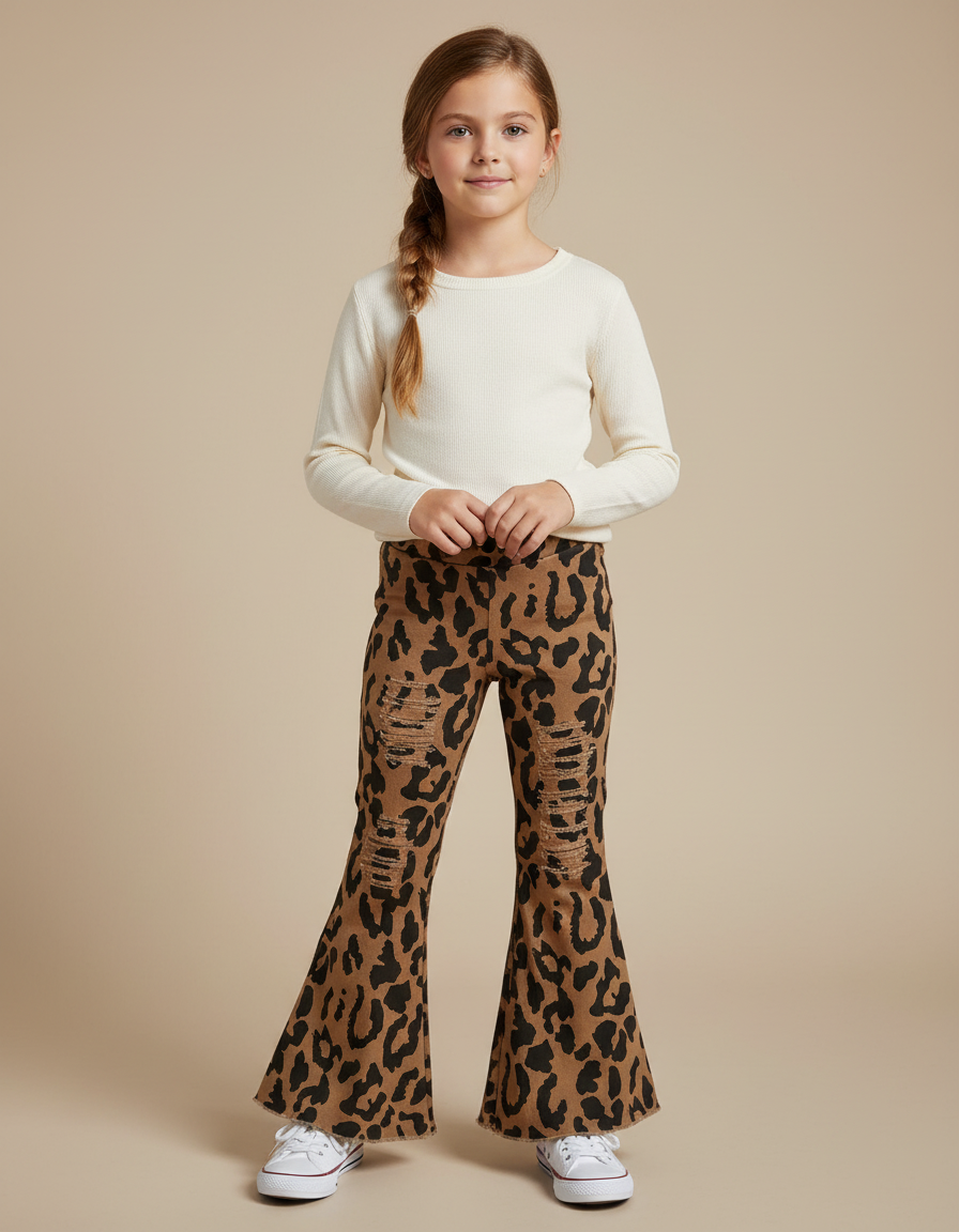Pantalon Léopard Évasé Marron Imprimé Distressed Fille - Jean