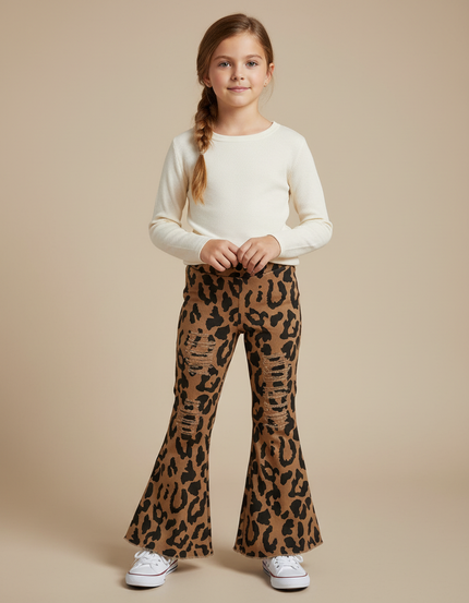 Pantalon Léopard Évasé Marron Imprimé Distressed Fille - Jean