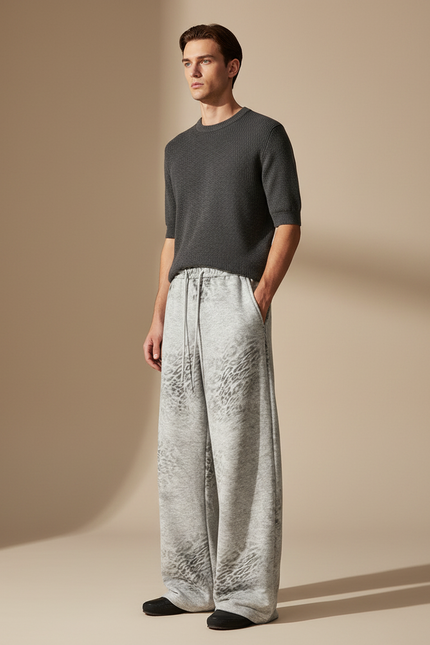 Pantalon Léopard Gris Ample Molletonné Homme Décontracté