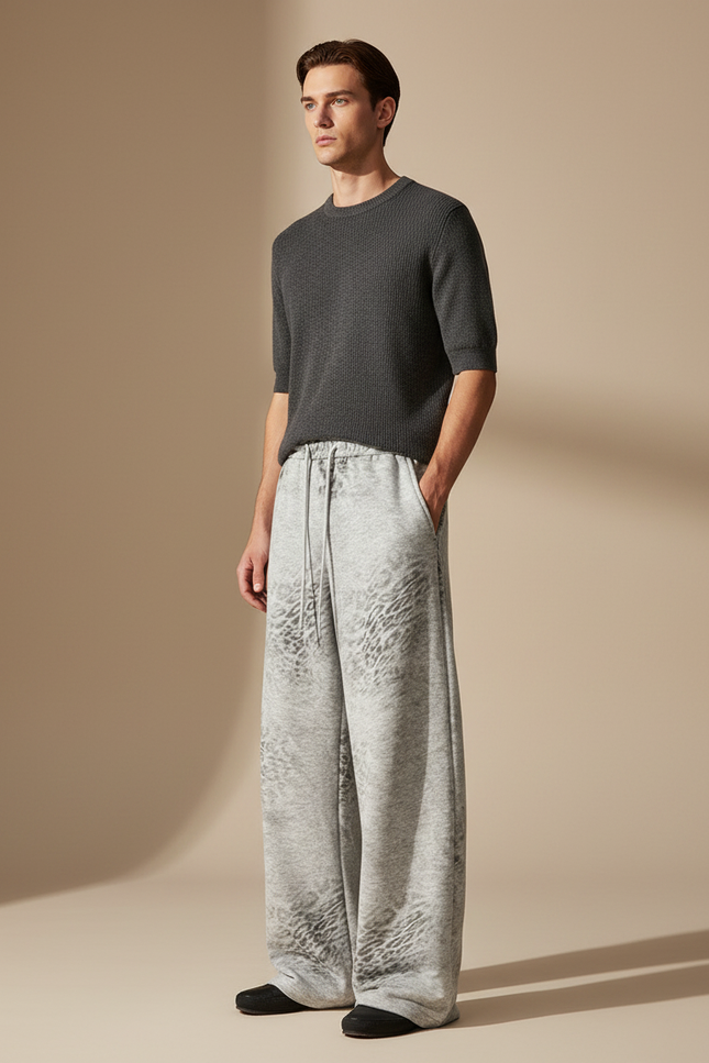 Pantalon Léopard Gris Ample Molletonné Homme Décontracté