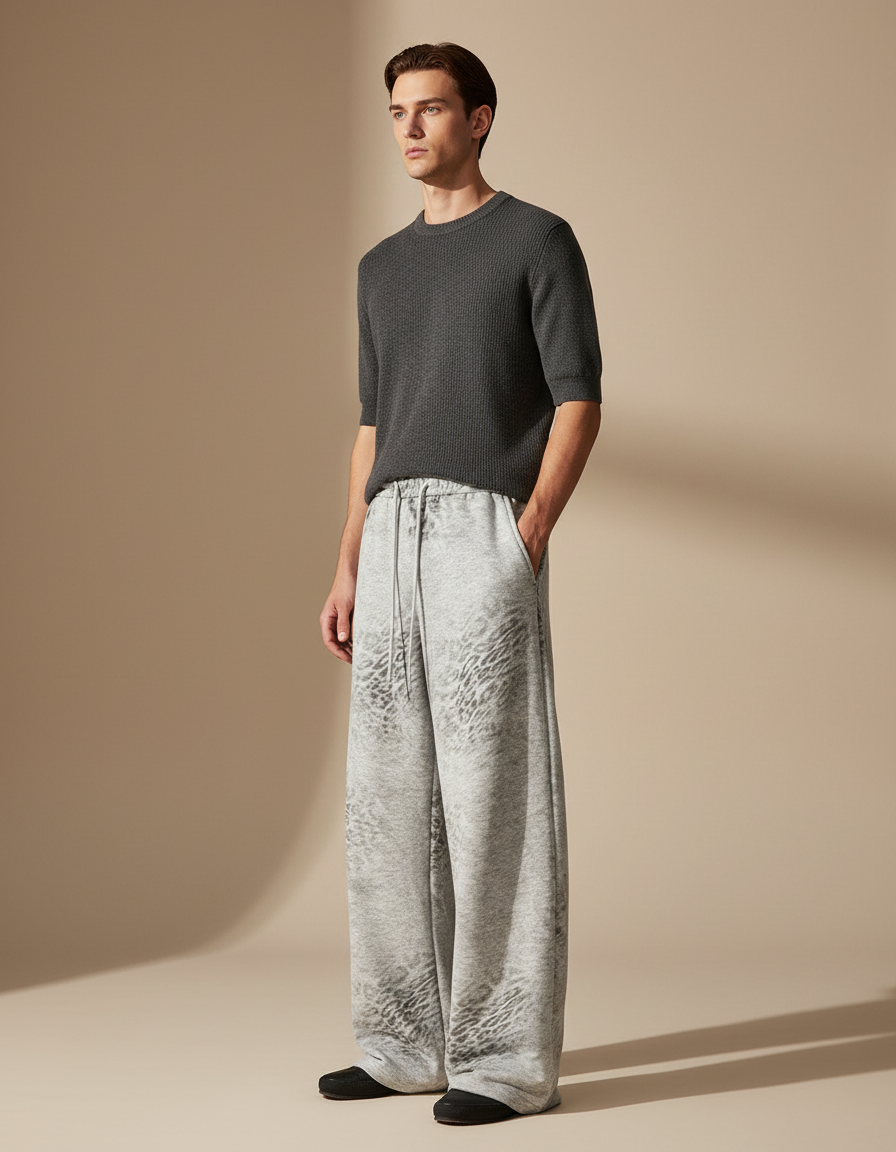 Pantalon Léopard Gris Ample Molletonné Homme Décontracté