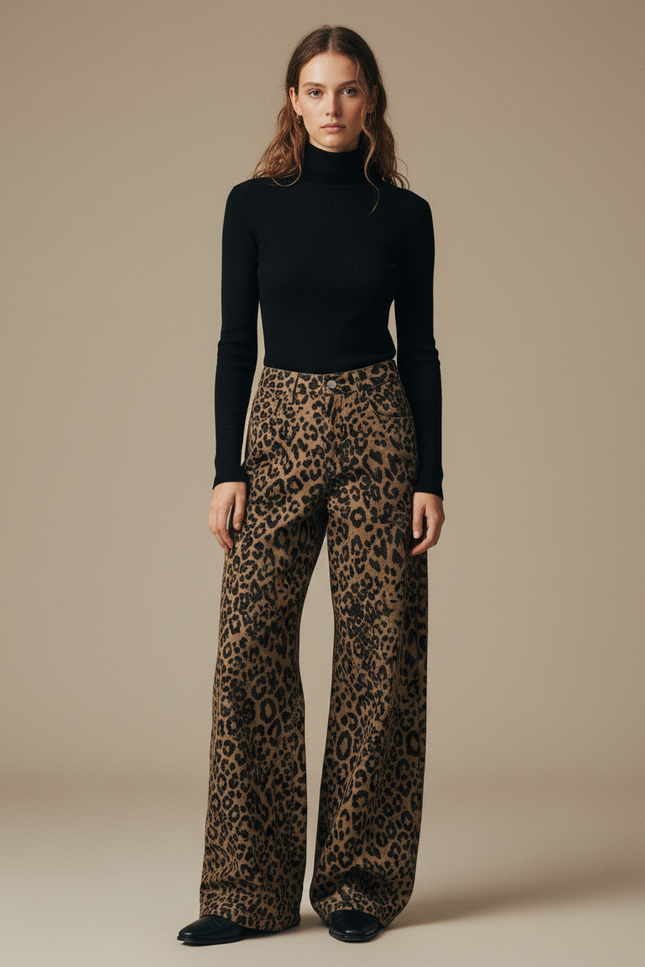 Pantalon Léopard Marron Ample Imprimé Fluide Femme - Coton