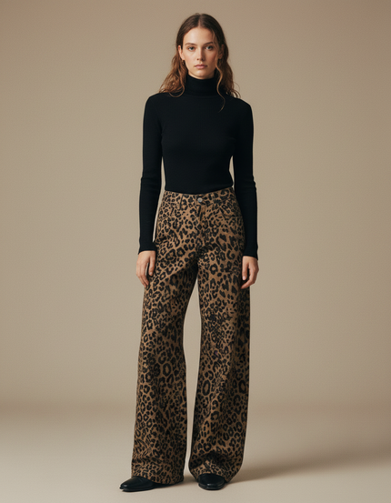 Pantalon Léopard Marron Ample Imprimé Fluide Femme - Coton