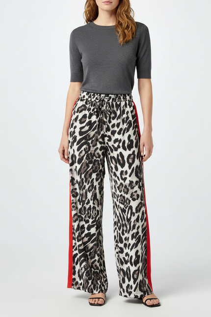 Pantalon Léopard Fluide Imprimé Animal Rayures Rouges - Viscose