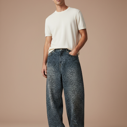 Pantalon Léopard Jean Ample Imprimé Délavé Homme