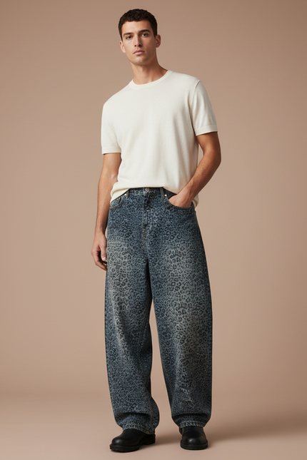 Pantalon Léopard Jean Ample Imprimé Délavé Homme