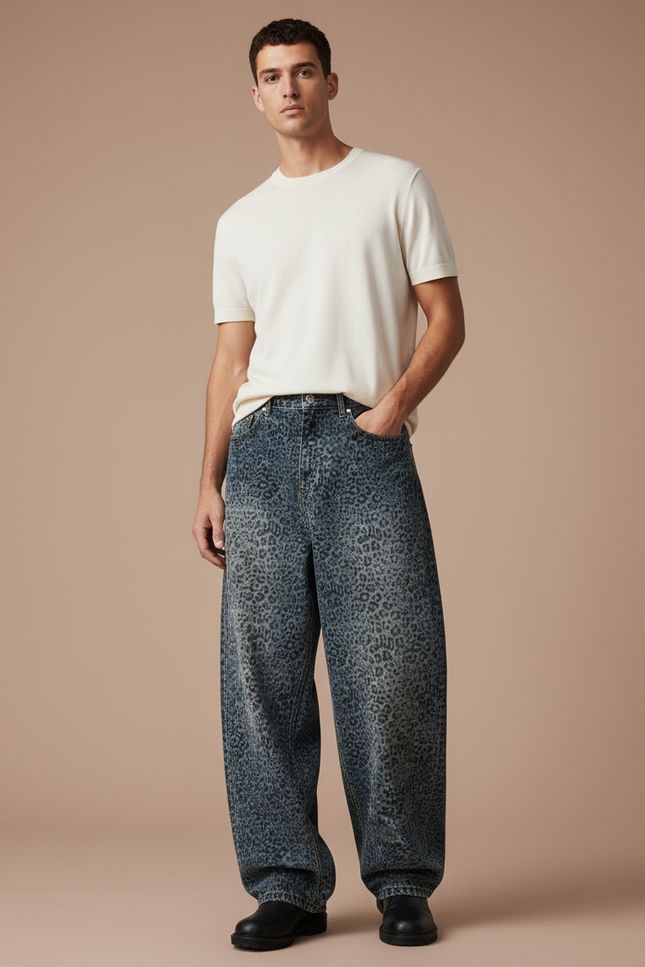 Pantalon Léopard Jean Ample Imprimé Délavé Homme