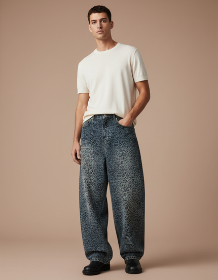 Pantalon Léopard Jean Ample Imprimé Délavé Homme