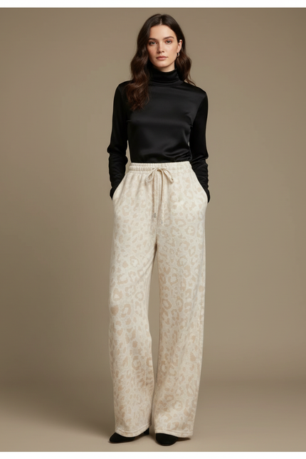 Pantalon Léopard Beige Ample Molletonné Confortable