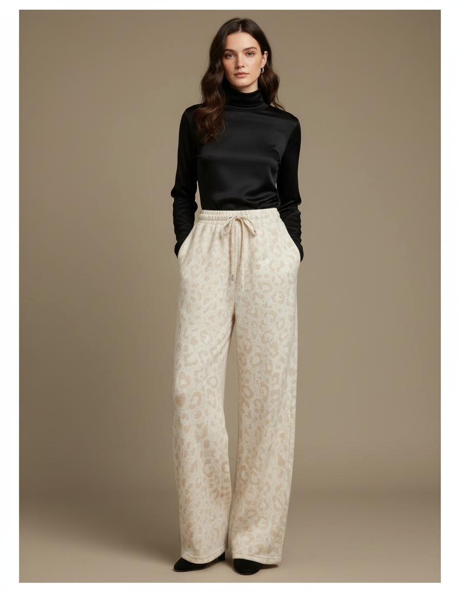 Pantalon Léopard Beige Ample Molletonné Confortable