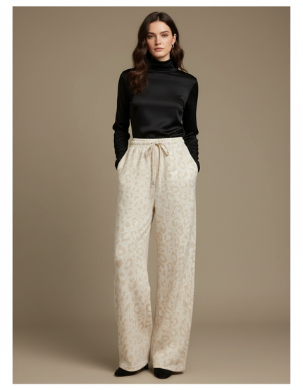 Pantalon Léopard Beige Ample Molletonné Confortable