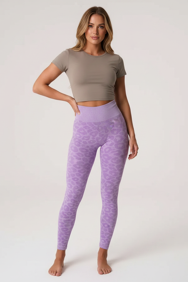 Pantalon Léopard Violet Sans Couture Imprimé Animal Fitness - Maille