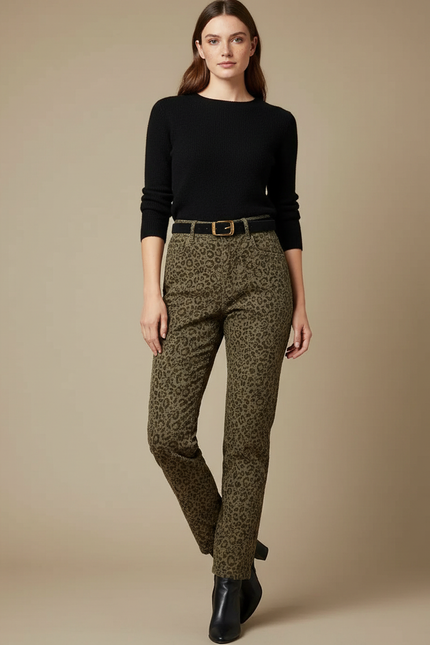 Pantalon Léopard Vert Kaki Imprimé Coupe Droite - Coton