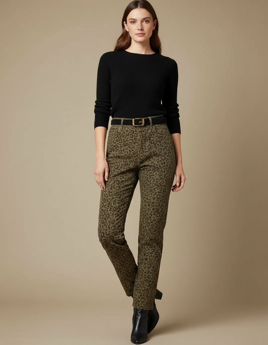 Pantalon Léopard Vert Kaki Imprimé Coupe Droite - Coton