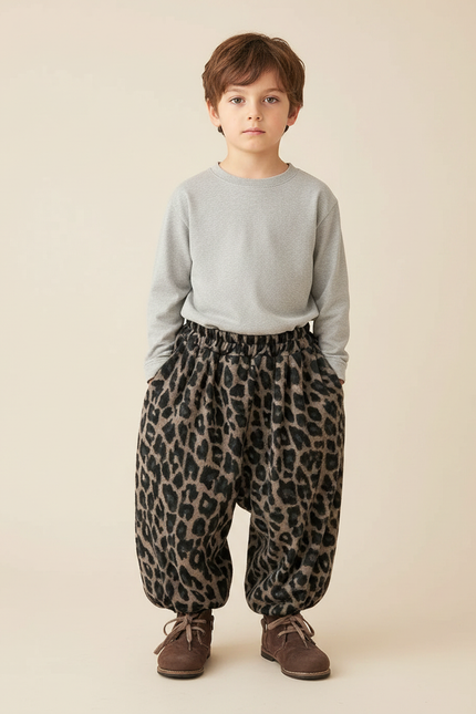 Pantalon Léopard Marron Ample Doux Épais Garçon - Imprimé Molleton