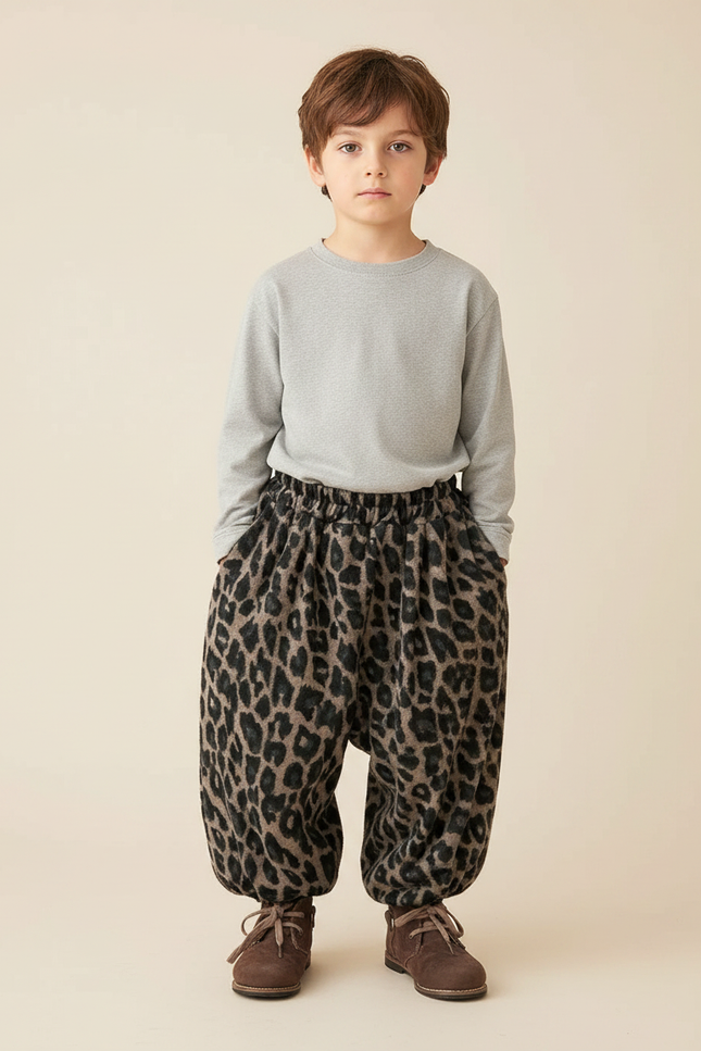 Pantalon Léopard Marron Ample Doux Épais Garçon - Imprimé Molleton