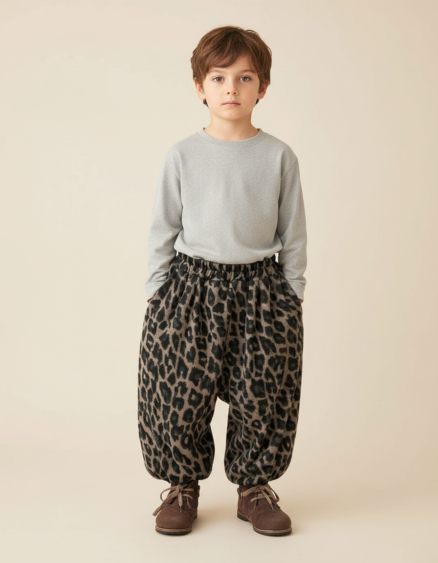 Pantalon Léopard Marron Ample Doux Épais Garçon - Imprimé Molleton