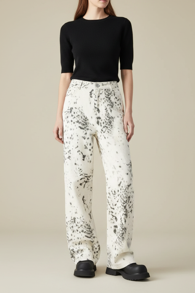 Pantalon Léopard Ample Imprimé Délavé Streetwear Femme - Jean