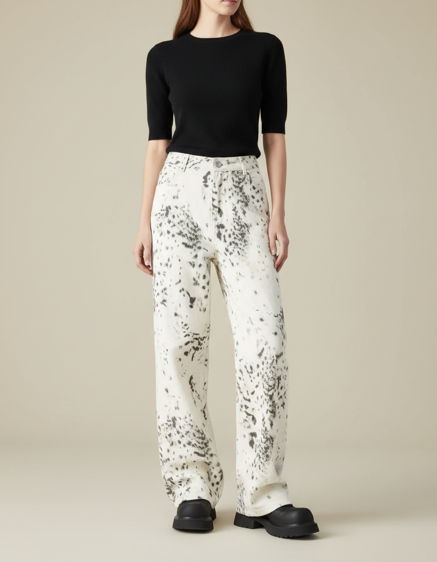 Pantalon Léopard Ample Imprimé Délavé Streetwear Femme - Jean
