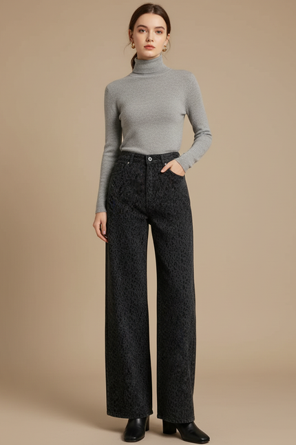 Pantalon Léopard Noir Imprimé Ample Denim Femme - Jean