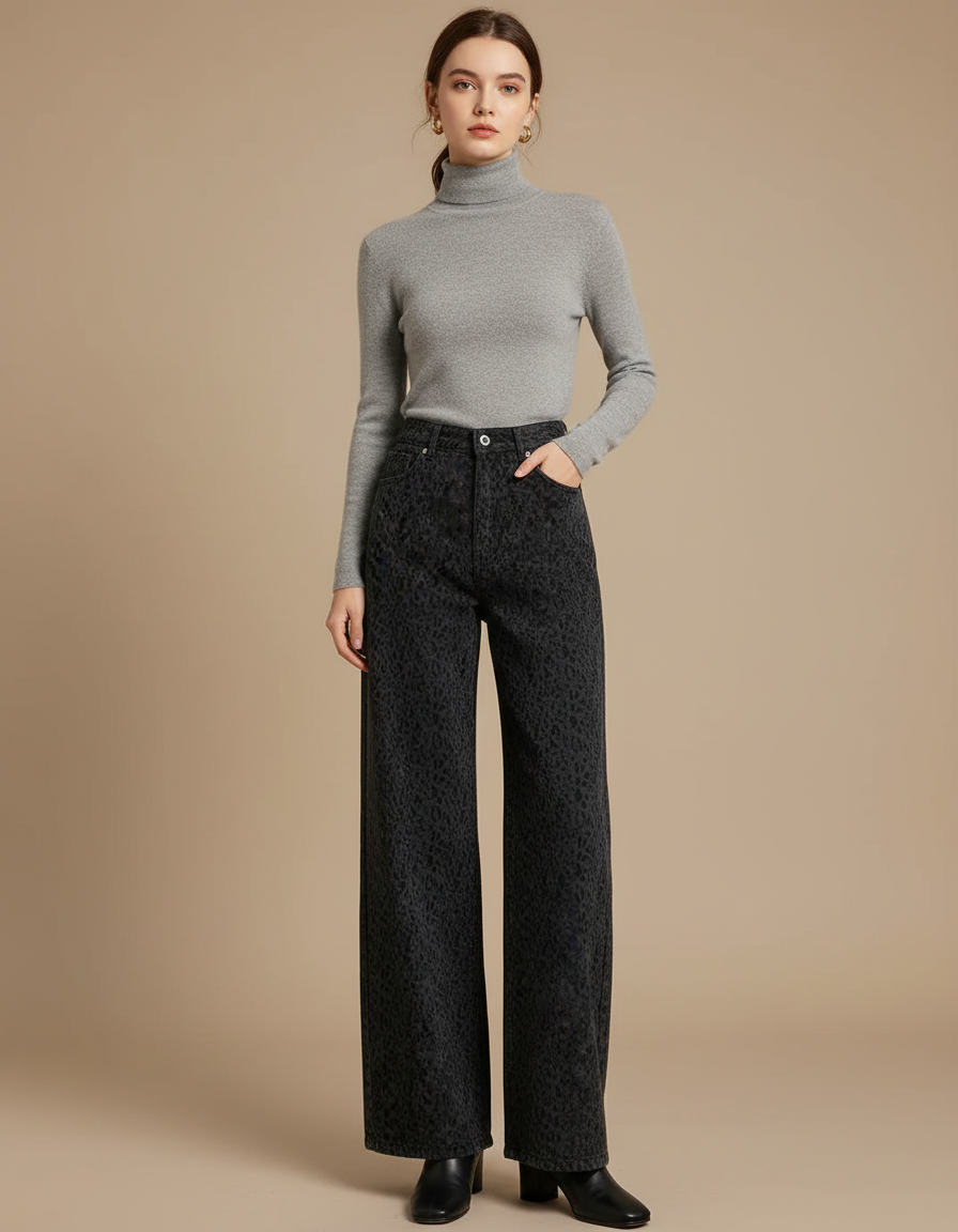 Pantalon Léopard Noir Imprimé Ample Denim Femme - Jean