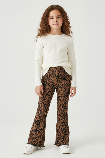Pantalon Léopard Évasé Imprimé Marron Confortable Fille - Maille