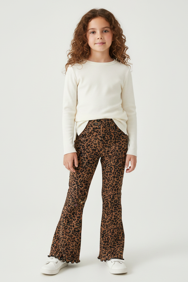 Pantalon Léopard Évasé Imprimé Marron Confortable Fille - Maille