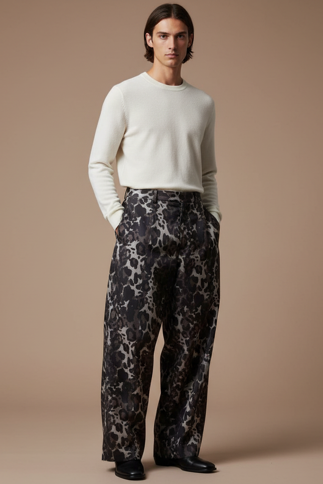 Pantalon Léopard Ample Imprimé Gris Décontracté Homme - Satin