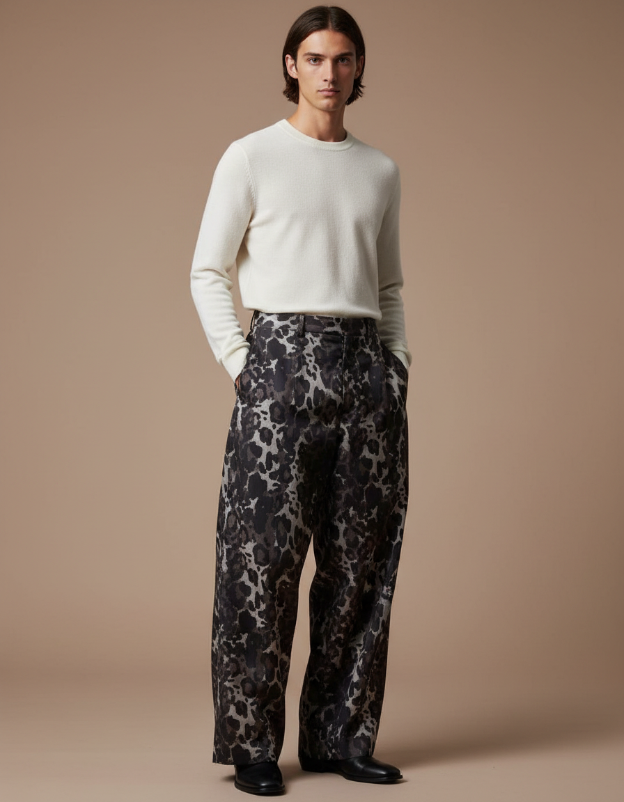 Pantalon Léopard Ample Imprimé Gris Décontracté Homme - Satin