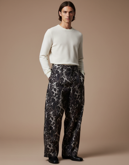Pantalon Léopard Ample Imprimé Gris Décontracté Homme - Satin