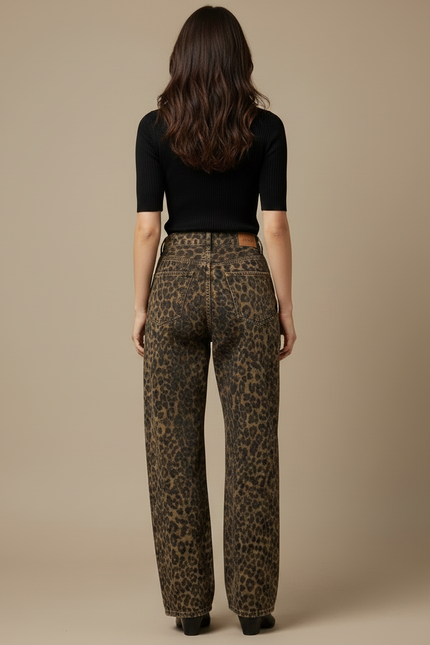 Pantalon Léopard Jean Ample Vintage Marron Femme - vue 2