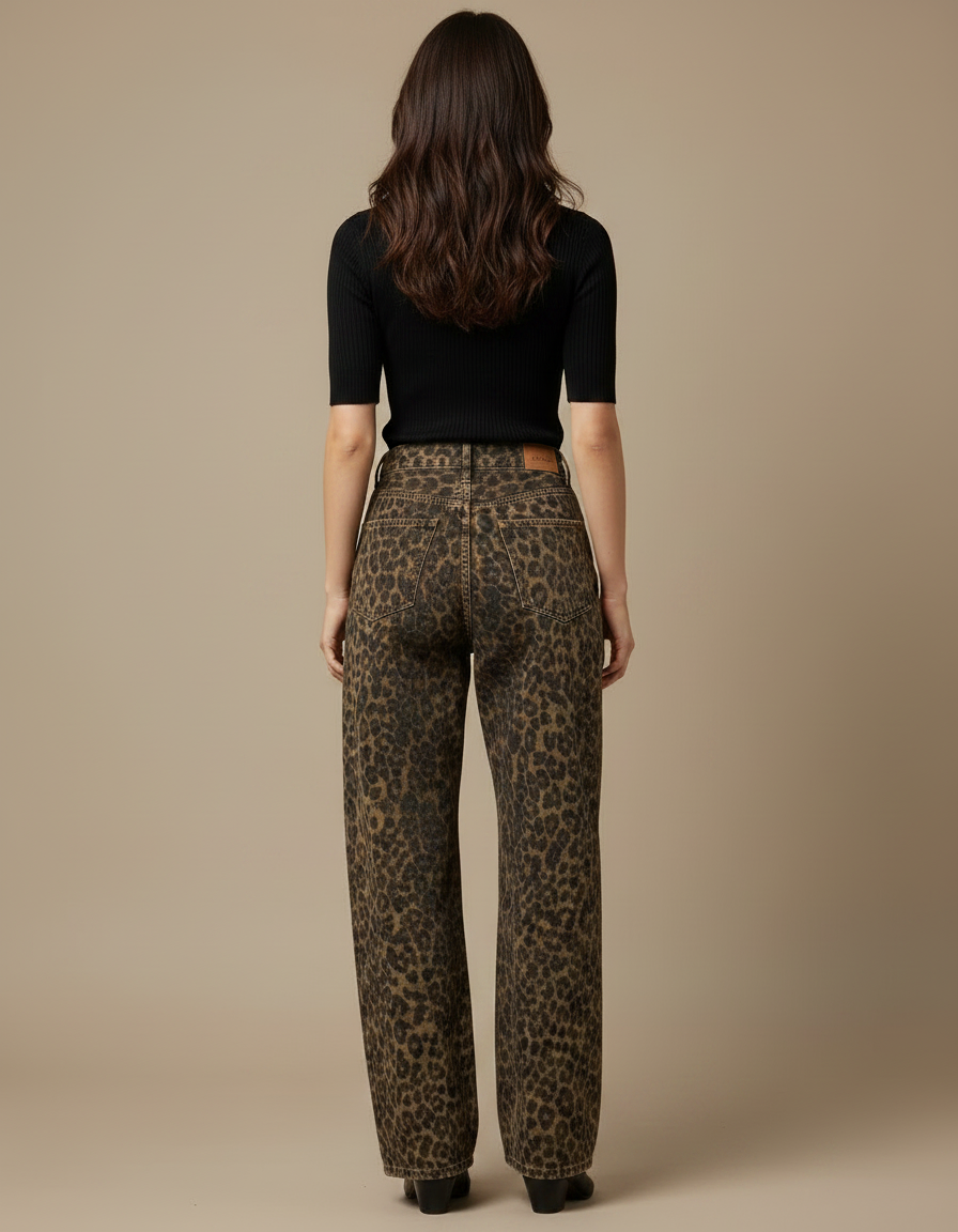 Pantalon Léopard Jean Ample Vintage Marron Femme - vue 2