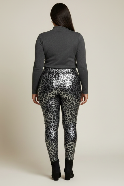 Pantalon Léopard Métallique Taille Haute Slim Brillant - Argenté Simili cuir - vue 2