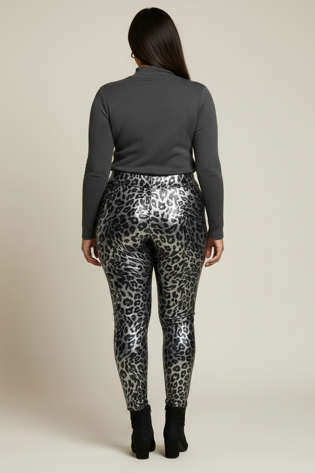 Pantalon Léopard Métallique Taille Haute Slim Brillant - Argenté Simili cuir - vue 2