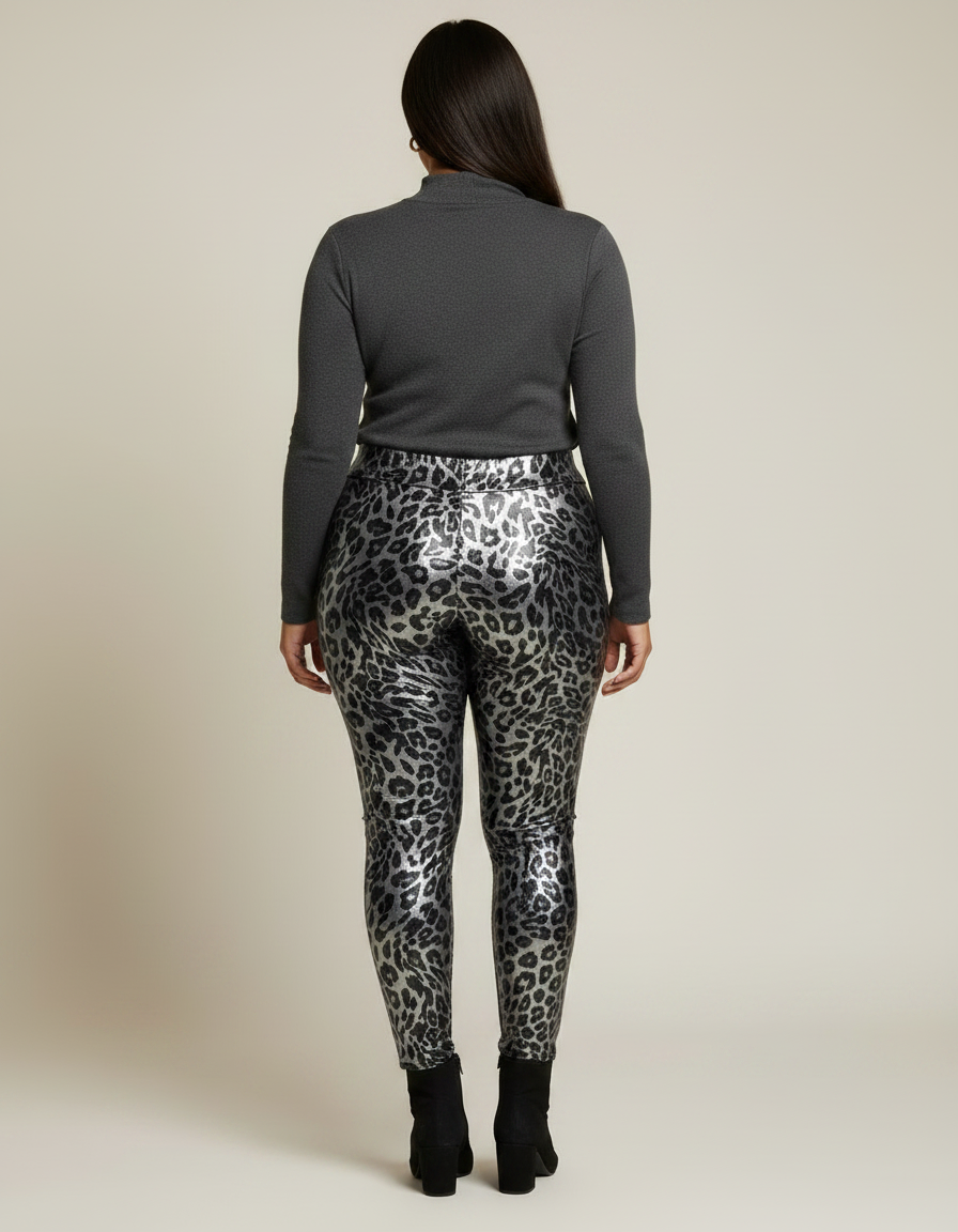 Pantalon Léopard Métallique Taille Haute Slim Brillant - Argenté Simili cuir - vue 2