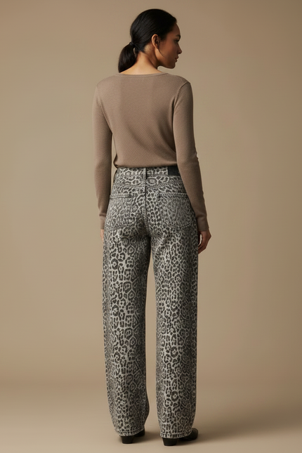 Pantalon Léopard Ample Gris Imprimé Délavé Vintage Taille Haute - Jean - vue 2