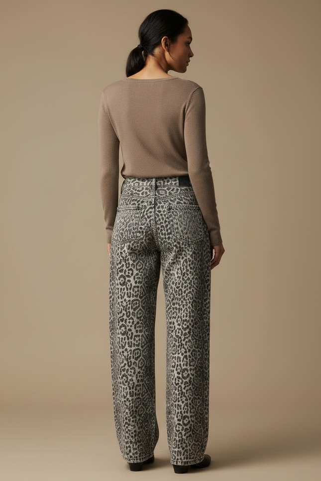 Pantalon Léopard Ample Gris Imprimé Délavé Vintage Taille Haute - Jean - vue 2