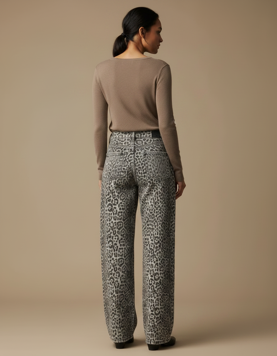 Pantalon Léopard Ample Gris Imprimé Délavé Vintage Taille Haute - Jean - vue 2