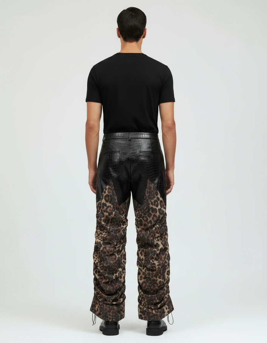 Pantalon Léopard Noir Plissé Imprimé Homme Décontracté - Simili cuir - vue 2
