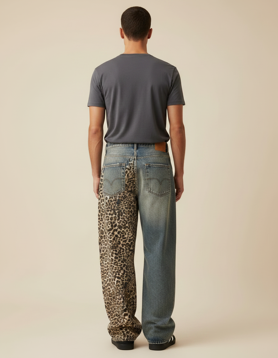 Pantalon Léopard Patchwork Jean Ripped Homme Décontracté - Multicolore - vue 2