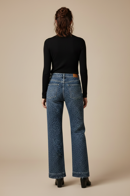 Pantalon Léopard Jean Ample Bleu Imprimé Délavé Femme - vue 2